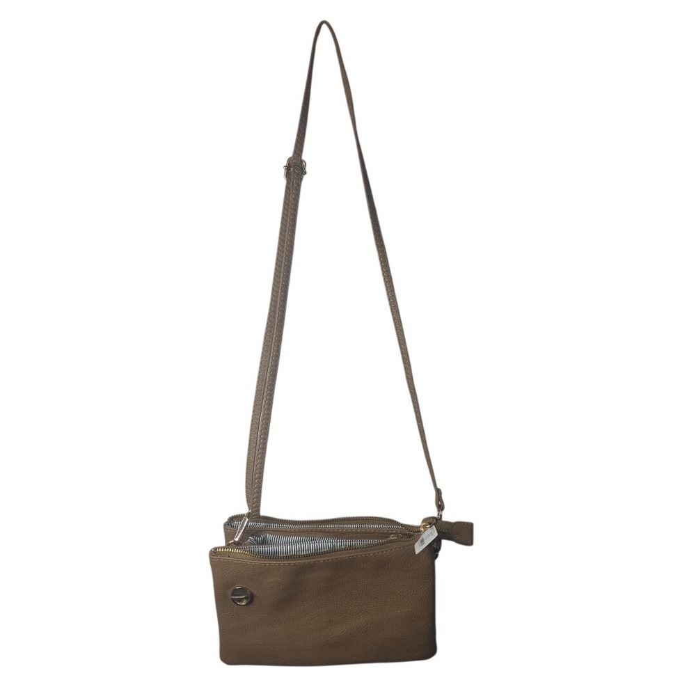 Tan Pebbled Vegan Leather Triple Zip Crossbody Bag with Striped Lining